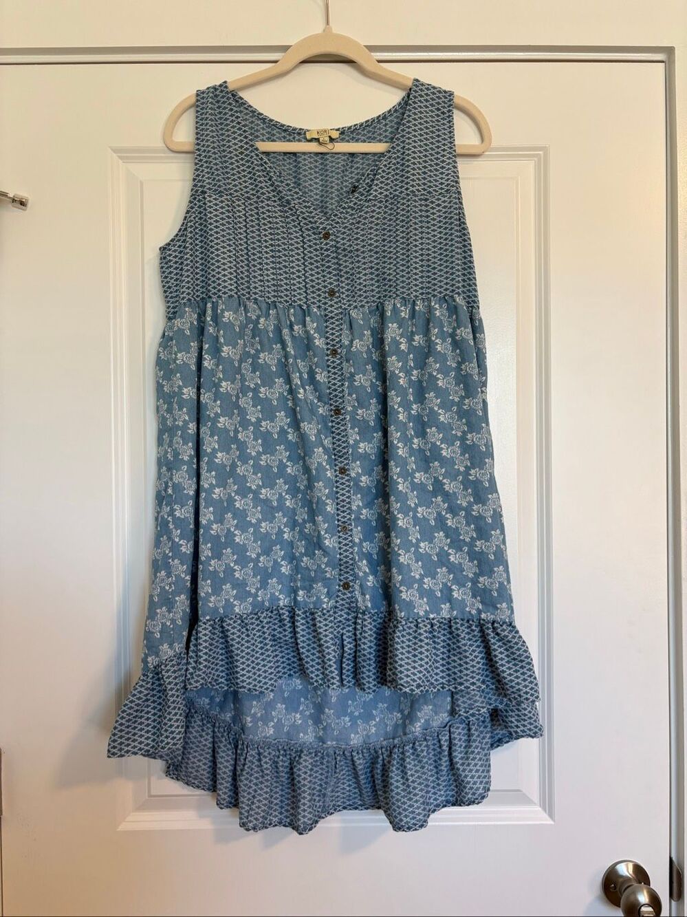 NWOT Kori America Blue Floral Mixed Print Button Front Ruffle Mini Dress Large